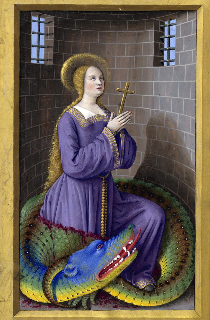 terrassons le dragon qu'ils disaient. Saint Margaret and the Dragon, Les Grandes Heures d'Anne de Bretagne, Jean Bourdichon Tours or Paris, 1503-1508, BnF Latin 9474 fol. 205v