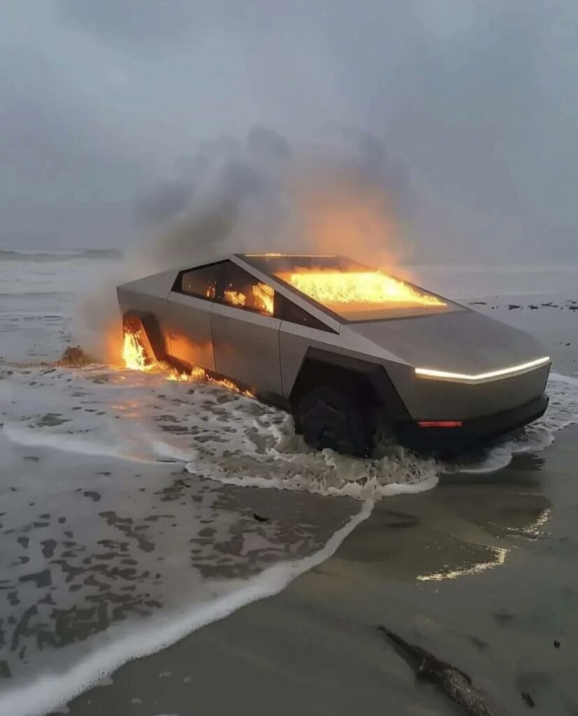 faire un feu de camp sur la plage est interdit par la loi. alt : voiture électrique en feu à la mer. tag : on ne peut plus rien faire